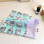 *大人乙女のちょっと可愛いガーゼハンカチ*ネコフェイス*グレーチェック*パッチ仕立て*ラベンダー*コンパクト