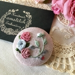 リネン 刺繍 くるみボタン(くすみピンク×バラ) 38mm