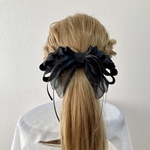プリンセス風黒の大人可愛い大きなヘアリボンポニーフック　フリルサテン&オーガンジー
