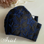 ★新作★ 秋冬マスク　綿ローン花柄刺繍レースマスク　ブラック×ネイビー