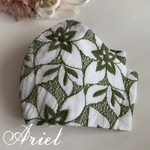 ★新作★　綿ローン花柄刺繍レースマスク　オフホワイト×オールドグリーン