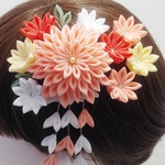 つまみ細工髪飾り　ダリア一重大かんざしクリップ　華やか下がり　ピンク　成人式　卒業式　結婚式　七五三