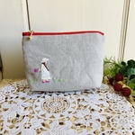 リネン刺繍入りポーチ（ナチュラルリネン・花を持った女の子）＊送料無料＊