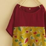 ポンチョ。トリとハリネズミ。ダブルガーゼとハーフリネンのバイカラーワンピース。マスタード。【М】