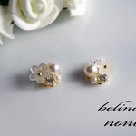 再販，，，　snow flower 美しい艶のパールとお花のビジｭーピアス・イヤリング 秋 冬