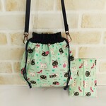 巾着ポシェット・２way・ポケットティッシュケース付き「ねこ柄グリーン」