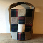 布あわせ丸底バッグ・タータン　コーデュロイ　タータンチェック　帆布　リネン　パッチ