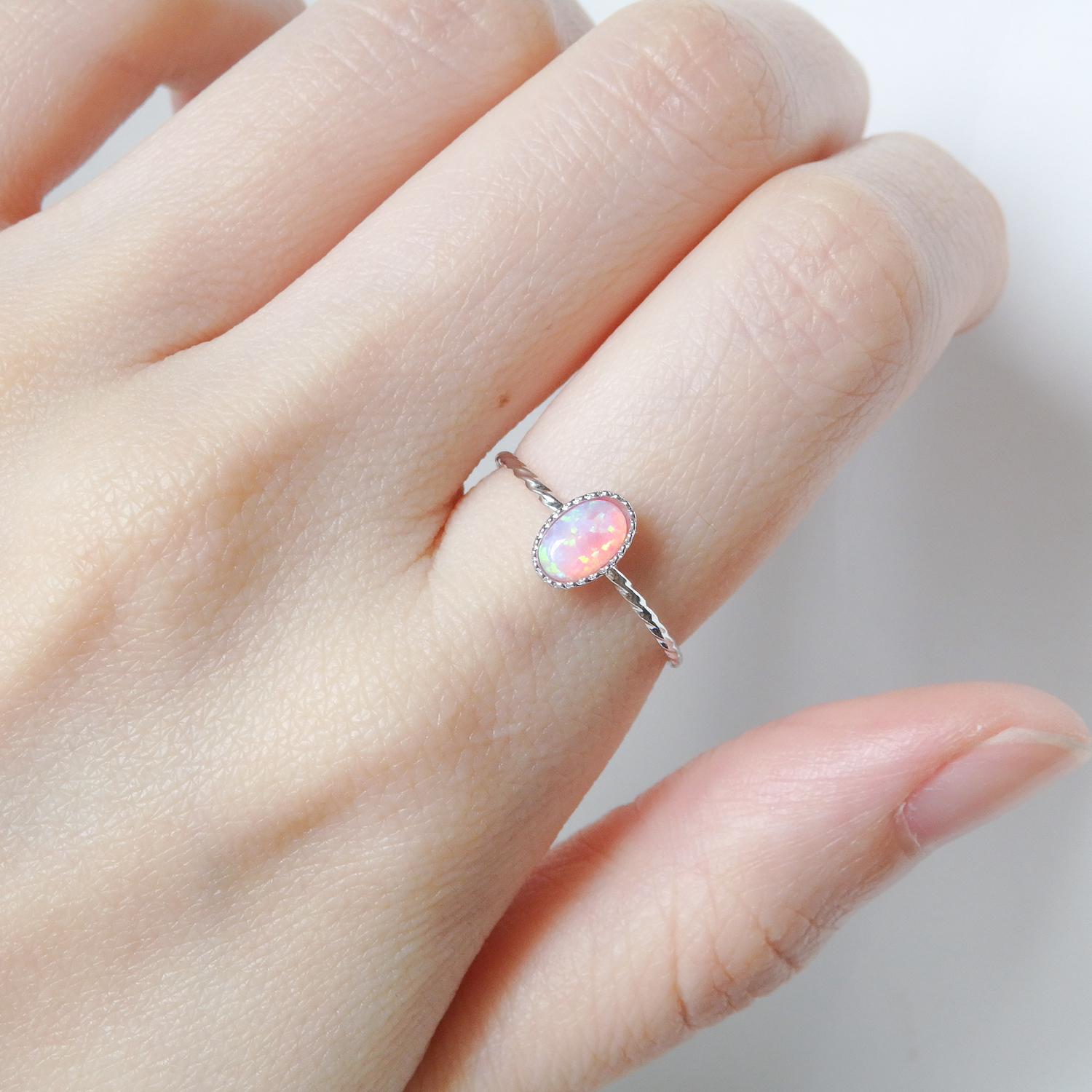 桜色の煌めき＊ピンクオパール華奢ツイストリング（真鍮・K18メッキ