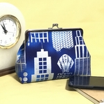 【再販】化粧ポーチ プチギフト など　ブルーとキラキラシルバー柄  USAコットン マチ付き がま口ポーチ 