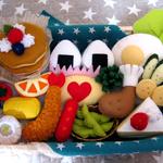 フエルト★ままごとお弁当★個数限定プライス✨ふわふわパンケーキセット☆プレゼント★贈り物に(^_^)オムライスケチャップ ハート型orなみなみ型★