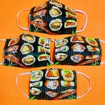 寿司マスク　4枚セット　レディースサイズ　ノーズワイヤー入り　使い捨て　送料無料　すし　スシ　カリフォルニアロール　巻き寿司　お箸　はし　和　日本　サーモン　アボカド　ツナ　おもしろマスク　食べ物　