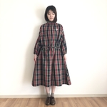 秋冬　起毛チェックフリルワンピース　ギャザー　