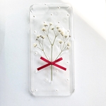 【かすみ草ブーケ】 押し花スマホケース　iphoneケース　12 13 14 7 8 SE2 android xperia 全機種対応 ソフトケース　手帳型 かすみ草　ブーケ　リボン
