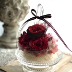 　再販　ガラスドーム　プリザーブドフラワーアレンジメント　真紅のオールドローズと鮮やかなローズのアレンジメント