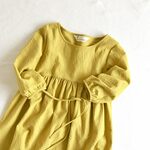 ふんわりギャザーワンピース【S,M,L,LL】マスタード  コットンリネン
