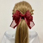 赤の大人可愛い揺れるヘアリボンポニーフック　サイドがサテンのオーガンジーリボン　赤っぽいボルドー