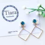 «貼るピアス/ピアス/イヤリング»ディープブルーストーンビジュー×スクエアチャーム