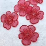  6枚【ef1-11-S】レッド 　刺繍 　お花パーツ  　5弁花　オーガンジー　レースフラワー 