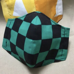 滅茶人気　市松模様　黒×緑　抗菌ダブルガーゼ　吸湿速乾　防臭　鬼マスク　子供　小学生　幼児　キッズ　保育園　幼稚園