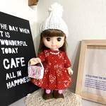ネックレス風赤いフラワーワンピース&ニット帽&靴&バッグの冬コーデセット ＊メルちゃん ソランちゃんの服＊
