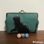 [口金変更OK］黒ねこのがま口通帳ケース　ポーチ／グリーン