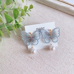 ゆらゆらパールとブルー蝶々オーガンジー刺繍ピアス/イヤリング サージカルステンレス nonoacs