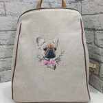 傑作　フレンチブルドッグ　　手刺繍　　　バックパック　　　リュック　　　本革　　　リネン　