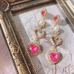 ローズピンクパールラインストーンピアス♡イヤリング　