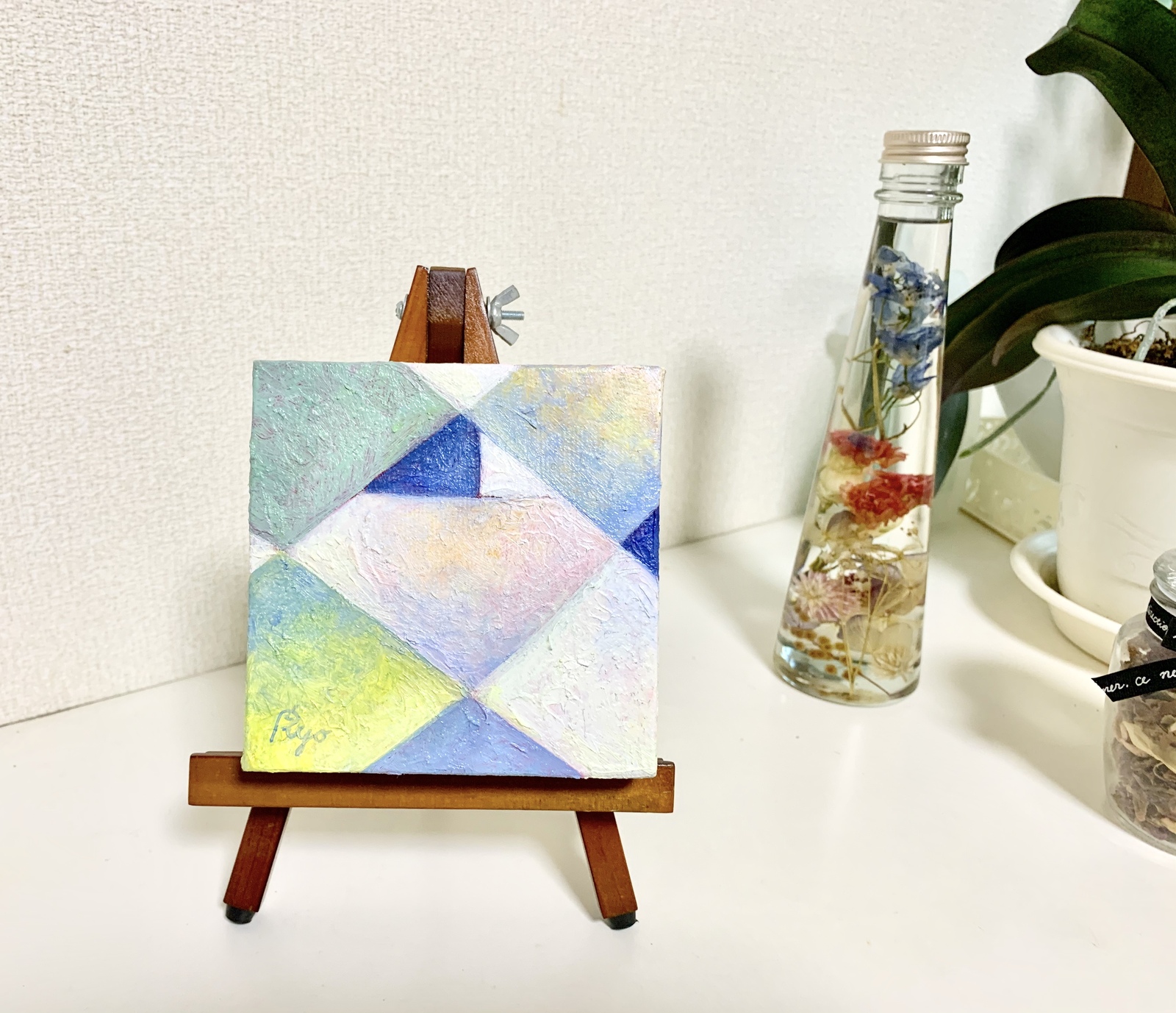 原画 油絵 変化するリンゴ りんごのアート 抽象画 100×100mm ブルー