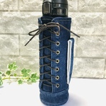 刺繍文字入り ユーズド加工ネイビーデニム 水筒カバー 編み上げ ボトルカバー 