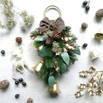 パインとユーカリのクリスマススベル/約20㎝×約38cm/ドアベル/クリスマススワッグ/長くお使いいただけるアーティフィシャルフラワーのクリスマススワッグ 