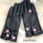 新作　グローブ　手袋　お花パール　お花グローブ　お花手袋　パールグローブ　パール手袋　黒　クリスマス　数量限定　裏起毛