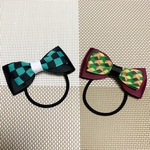 《再販》ダブルリボン《ヘアゴムセット市松模様と亀甲模様》2個組　同じ柄のセットでも作れます‼️ 《羽織柄　和柄　市松模様　亀甲模様　赤錆色　グリーン　イエロー　