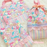 (残1・完成品のみ)ゆめかわ♪レトロアニマル柄 ピンク☆フリル レッスンバッグ 3点セット☆入園グッズ・入学グッズ 女の子 お着替え袋 上履き入れ オーダー
