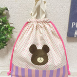 再販5🐻くまたんの顔のアップリケの持ち手付き巾着袋♪ドットピンク