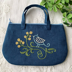 リネン刺繍ポーチ　鳥と花ブルー