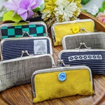 久留米絣のがま口小物入れ(紺横縞)マチあり