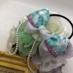 幻想的なBlueGreen×White♡蝶の羽根柄と銀糸リボンのヘアゴム