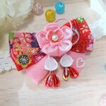 2way☆つまみ細工☆赤×ピンクのちりめんリボンのベビーヘアバンド☆お宮参り/お食い初め/ベビー袴/七五三