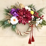 No.wreath-15257★お正月しめ縄リース　20-(8)　ダリア&カメリア&ハナミズキ　45x60cm・アートフラワー/造花リース/しめ縄/しめ飾り/正月飾り