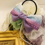 ラベンダーのグラデーション♡蝶の羽根柄と銀糸リボンのヘアゴム 