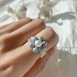 立体パール チェコブルー お花 ビーズリング⁎⋆*﻿