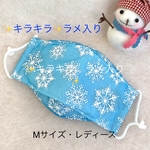 舟形マスク　冬用　雪の結晶　ブルー　Mサイズ・レディース　ノーズワイヤー入り　フィルターポケット付き　西村大臣風マスク