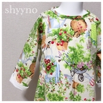 90【背中りぼん】お花と鳥 折り返し袖のクラシックなおめかしワンピース 長袖 Aライン YUWA プレミアム