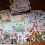 一点もの　花束と少女のコラージュBOX+たくさんの草花紙モノセット
