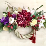 No.wreath-15260★特大お正月しめ縄リース　20-(11)　ダリア＆干支丑　43x56cm・アートフラワー/造花リース/しめ縄/しめ飾り/正月飾り
