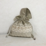 ワンハンドル　インド刺繍　ベージュジャガードラメ巾着バッグ