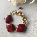 ワイン レッド マーブル ダイヤ ビーズ の ゴールド ブレスレット