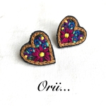 【中】デニムハート花柄刺繍ピアス