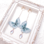 オーガンジー 刺繍 蝶 ブルー イヤリング ピアス ♡